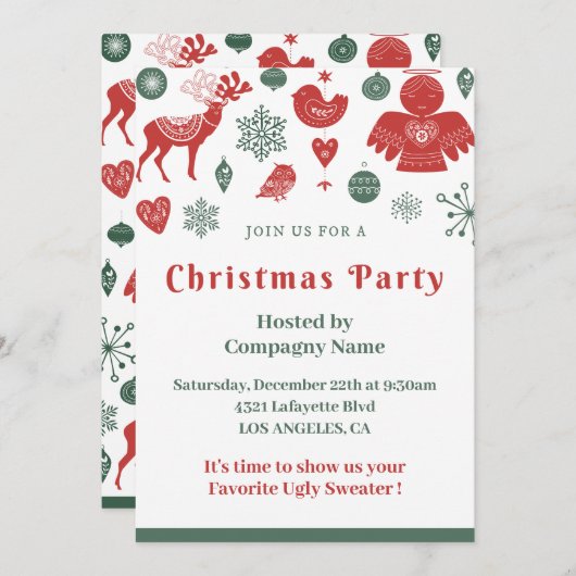 Firma Weihnachten Schönes nordisches Muster Grün Einladung (Vorne/Hinten)