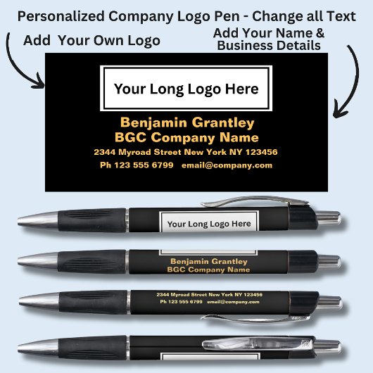 Firmendetails, Goldorangefarbener Text auf schwarz Kugelschreiber