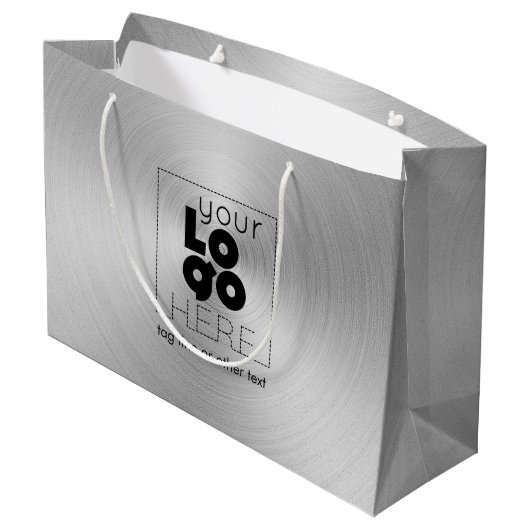 Firmenlogo auf modernem Radial gebürstetem Silberm Große Geschenktüte (Rückseite Schrägansicht)