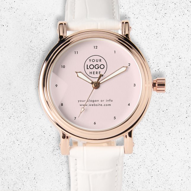 Firmenlogo | Blush Pink Modernes Beruflich Armbanduhr (Feminine pink company branded watches for employee apparel, gifts or promotional giveaways.)