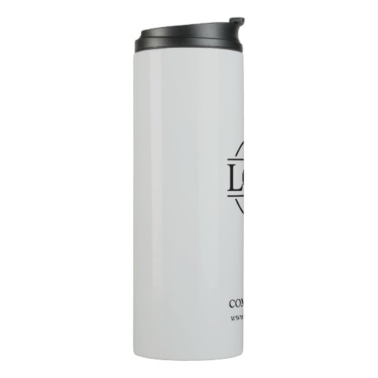 Firmenlogo der modernen hellgrauen Marke Thermosbecher (Nach links gedreht)