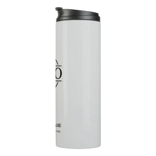 Firmenlogo der modernen hellgrauen Marke Thermosbecher (Nach rechts gedreht)