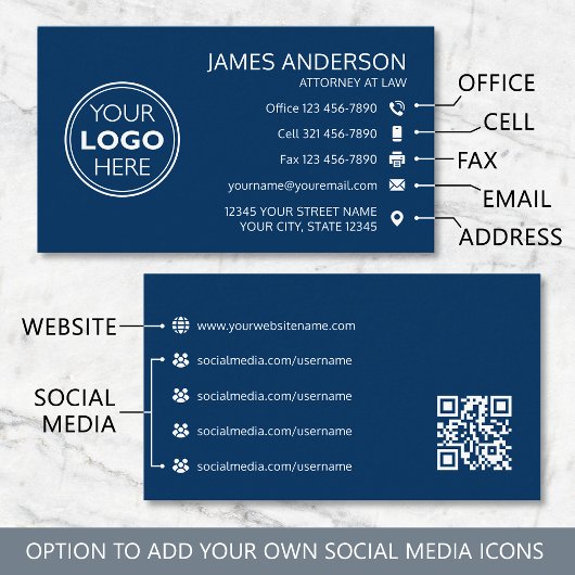 Firmenlogo Fax QR Code Professional Navy Visitenkarte