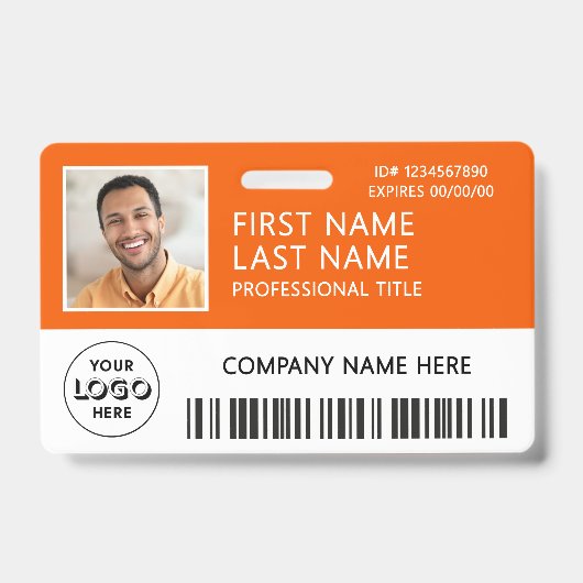 Firmenlogo-Foto-ID-Barcode Orange Name Ausweis (Vorderseite)