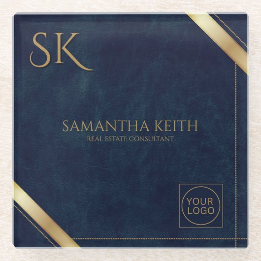 Firmenlogo Luxury Navy Leather 2025 Custom Glasuntersetzer (Vorderseite)
