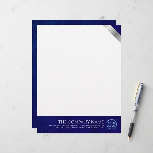 Firmenlogo Modern Royal Blue Leather Letterhead Briefbogen (Vorderseite/Rückseite Beispiel)
