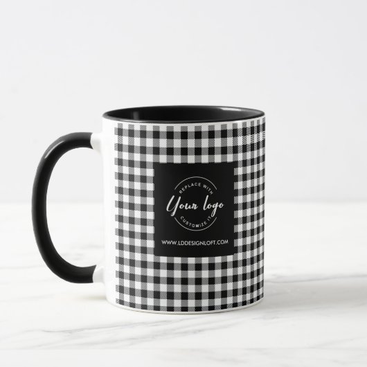 Firmenlogo Moderner Schwarz-weißer karierter Urlau Tasse (Links)