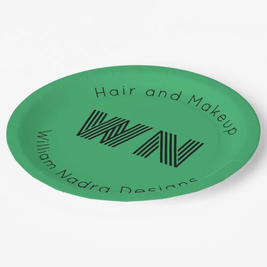 Firmenlogo-Monogramm, hellgrünes Papier Pappteller (Schrägansicht)