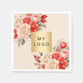 Firmenlogo Rote Elfenbeinflorale Beige Creme Serviette (Vorderseite)