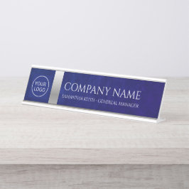 Firmenlogo Royal Blue Leather und Silver Custom Schreibtischnamensplakette