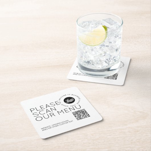 Firmenlogo Scan Menü QR Code Runder Text Business Rechteckiger Pappuntersetzer (Vor Ort)