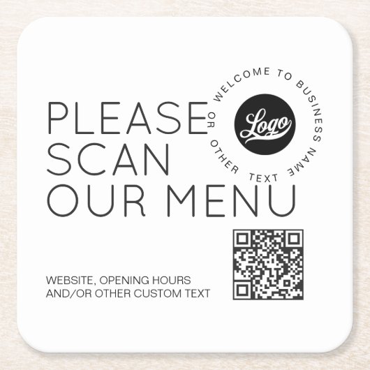 Firmenlogo Scan Menü QR Code Runder Text Business Rechteckiger Pappuntersetzer (Vorderseite)