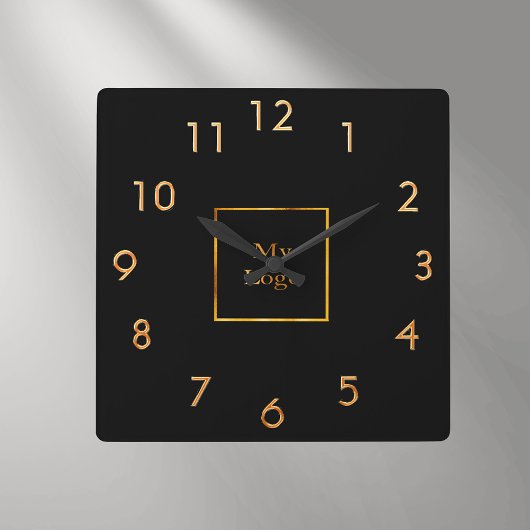 Firmenlogo, schwarze goldene Wand Quadratische Wanduhr