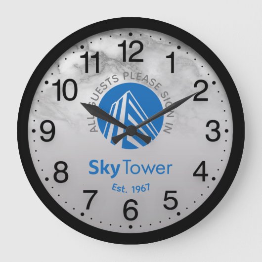 Firmenlogo Schwarzer grauer Marmorname Sky Tower Große Wanduhr (Vorderseite)