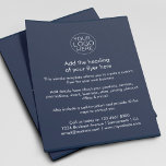 Firmenlogo | Simple Navy Blue Custom Flyer<br><div class="desc">Eine einfach zu bedienende,  in Blau und Weiß gehaltene Business Flyer Vorlage in einem minimalistischen Stil,  die einfach mit Ihrem eigenen Firmenlogo,  Produktdetails,  Preisen und mehr modifiziert und aktualisiert werden kann! Wählen Sie im Menü Optionen die Größe des Flyers und den Papiertyp aus.</div>