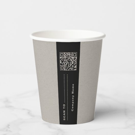 Firmenlogo, Text, QR-Code, Beige-Kaffee Pappbecher (Rückseite)