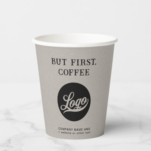 Firmenlogo, Text, QR-Code, Beige-Kaffee Pappbecher (Vorderseite)