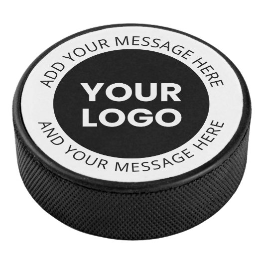 Firmenlogo und bearbeiteter Text, weiß und schwarz Eishockey Puck (3/4)