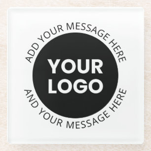 Firmenlogo und bearbeiteter Text, weiß und schwarz Glasuntersetzer