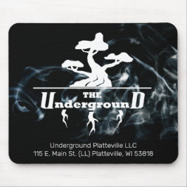 Firmenlogo und Infos mit schwarzem Rauch-Hintergru Mousepad