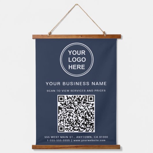 Firmenlogo und QR-Code blau Wandteppich Mit Holzrahmen (Vorderseite)