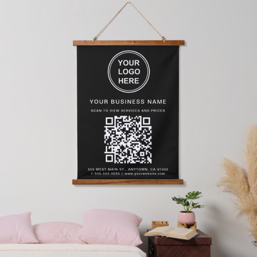 Firmenlogo und QR-Code schwarz Wandteppich Mit Holzrahmen (Schlafzimmer)