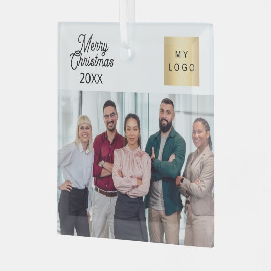 Firmenlogo Weihnachten Modernes Foto Ornament Aus Glas (Vorderseite links)