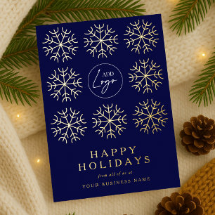 Firmenlogo Weihnachtsschneeflocken Navy & Gold Folien Feiertagskarte
