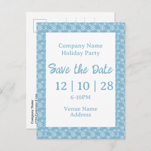 Firmenname Holiday Party Save the Date Snowflake Einladungspostkarte (Vorne/Hinten)