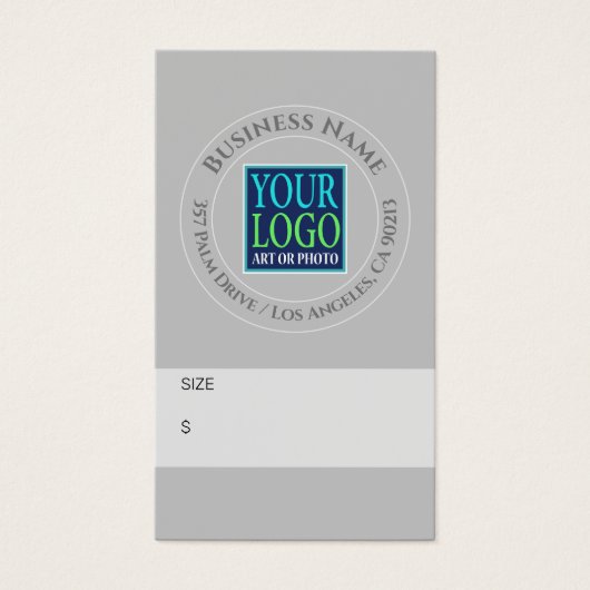 Firmenname, Logo-Adresse, graue Größe und Preis-Ta (Vorderseite)