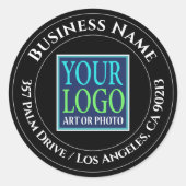 Firmenname, Logo, Anschrift, weißer Text auf schwa Runder Aufkleber (Vorderseite)