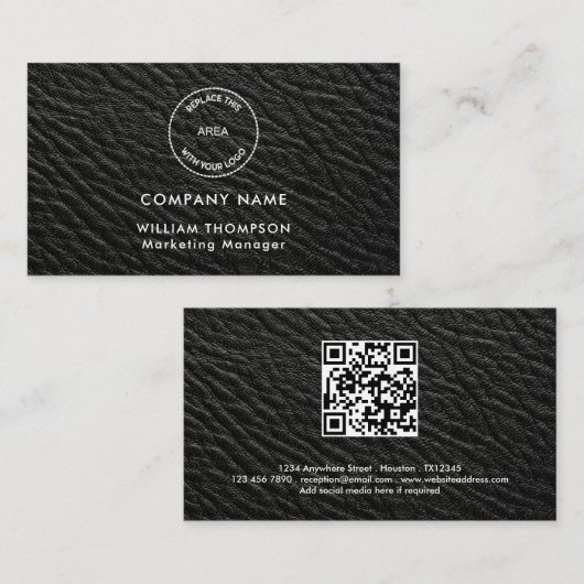 Firmenname Logo QR Code Schwarzes Imitat Leder Visitenkarte (Vorne/Hinten)