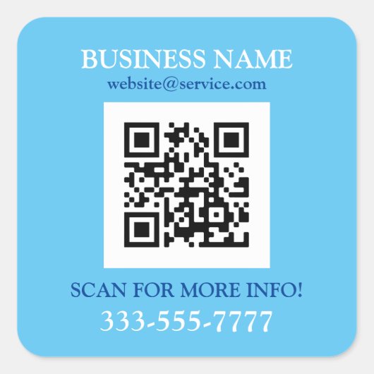 Firmenname Promo, QR Code, Sky Blue & White Quadratischer Aufkleber (Vorderseite)