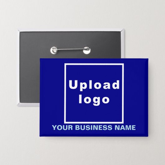 Firmenname und Logo auf blauem Rechteck Button (Vorderseite/Rückseite)