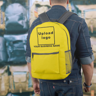 Firmenname und Logo auf dem Gelben Rückpack Bedruckter Rucksack