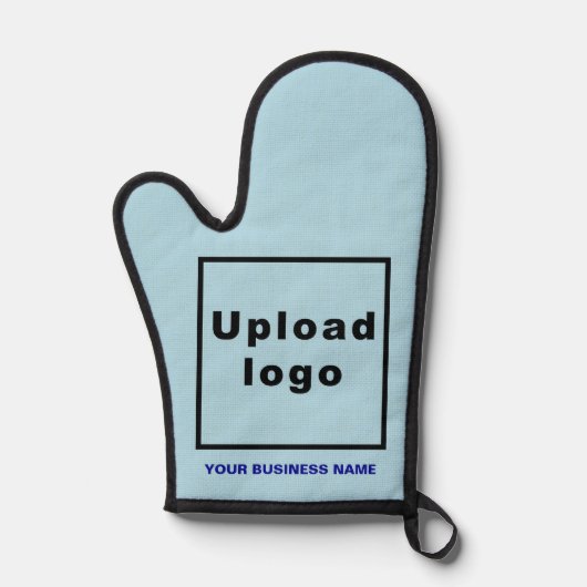 Firmenname und Logo auf dem hellblauen Ofen-Mitt Ofenhandschuh (Vorderseite)