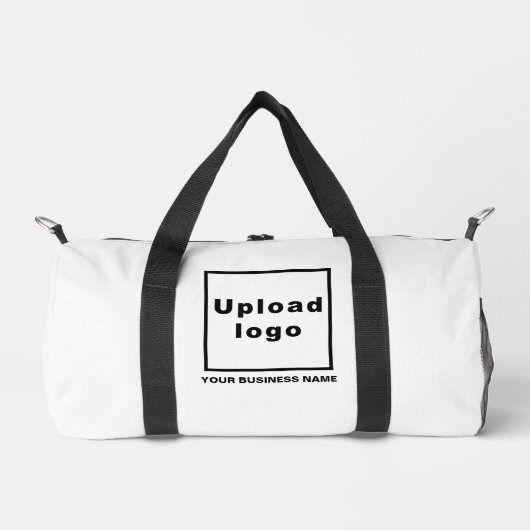 Firmenname und Logo auf dem kleinen weißen Duffel- Duffle Bag (Vorderseite)