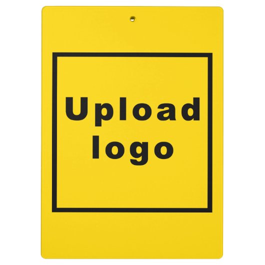 Firmenname und Logo in der gelben Zwischenablage Klemmbrett (Rückseite)