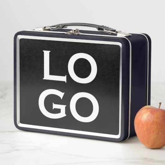 Firmenspezifische oder geschäftliche Logo auf schw Metall Brotdose (Beispiel)