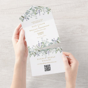 Firnis Flieder Florales Gold Monogramm QR-Code Hoc All In One Einladung