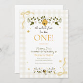 First 1st Birthday Honey Bee Gingham Bows Einladung (Vorne/Hinten)