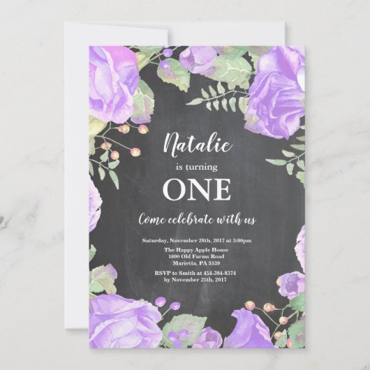 First 1st Birthday Invitation Purple Floral Einladung (Vorderseite)