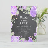 First 1st Birthday Invitation Purple Floral Einladung (Stehend Vorderseite)