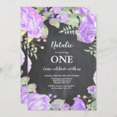 First 1st Birthday Invitation Purple Floral Einladung (Vorne/Hinten)