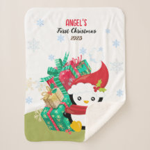 First Baby Girl Christmas Penguin Sherpa Blanket