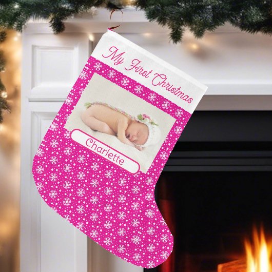 First Baby Girl's Foto Name Rosa Schnee Großer Weihnachtsstrumpf