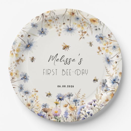 First Bee Day - Floral 1st Birthday  Pappteller (Vorderseite)