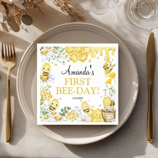 First Bee Day Floral Bumblebee Birthday Party Serviette