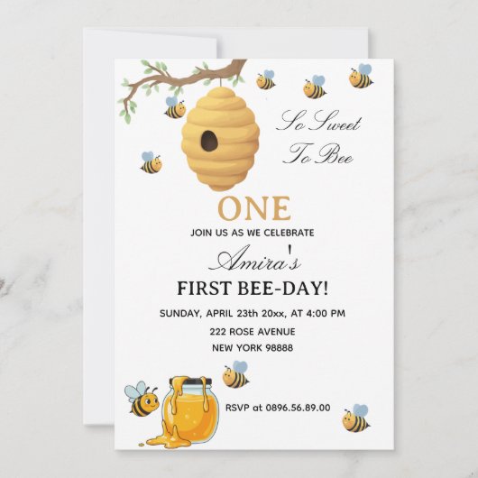 First Bee Day yellow honey 1st Birthday Einladung (Vorderseite)
