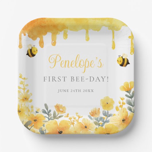 First Bee Day Yellow Wildflowers 1st Birthday Pappteller (Vorderseite)